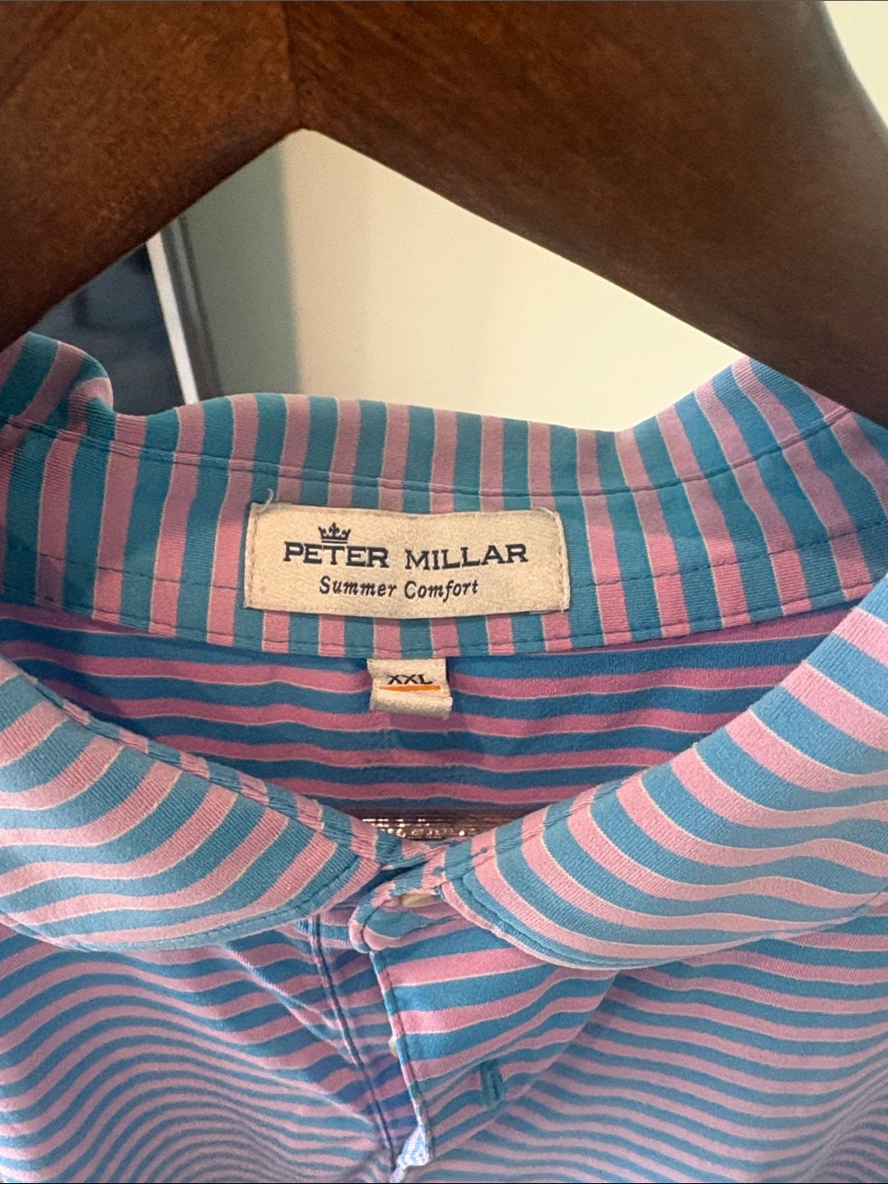 Classic Men’s Polo Shirt in Light Blue & Pink Stripe - Picture 3 of 3